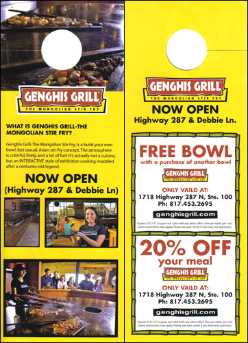 Door Hanger Advertisement With Coupons for Genghis Grill